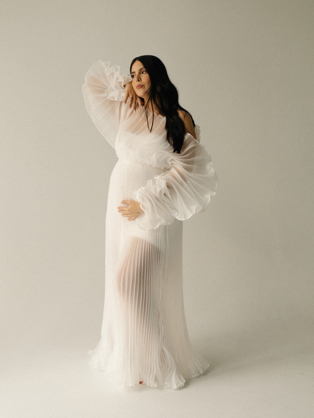 Sheer White Pleated Maxi Dress with Voluminous Sleeves